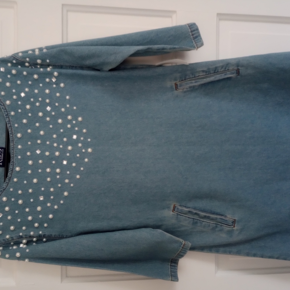 Roebuck & Co. Vintage Denim Dress with Pearl Accents